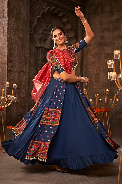 Shubhkala Blue Thread Embroidered Chaniya Choli for Indian Navratri Special Collection